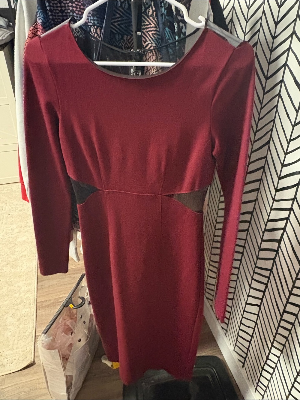 Babaton Burgundy Long-Sleeve Sheath Dress with Mesh Insets